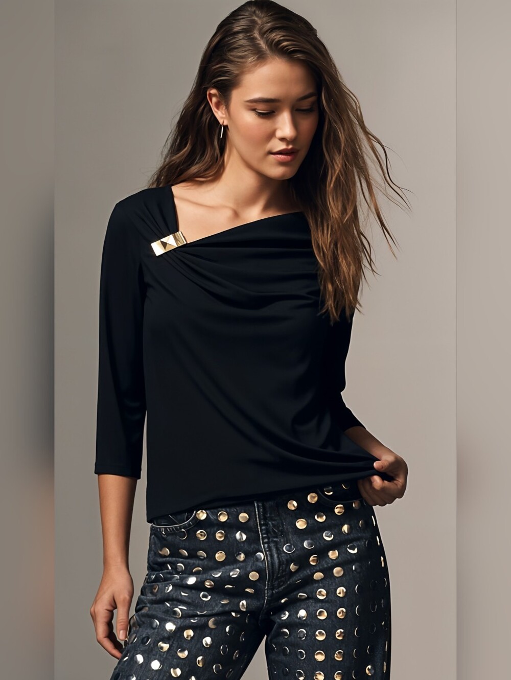 NWT Jennifer Lopez Black Women's Draped Top with Gold Accent